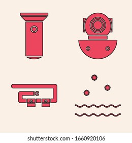 Set Cold and waves, Flashlight, Aqualung and Diving belt icon. Vector