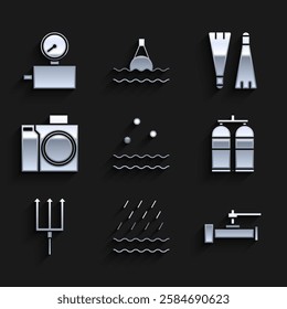 Set Cold and waves, Rain, Industry metallic pipes valve, Aqualung, Neptune Trident, Photo camera for diver, Rubber flippers swimming and Gauge scale icon. Vector