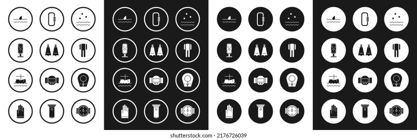 Set Cold and waves, Rubber flippers for swimming, Gauge scale, Shark fin ocean, Wetsuit scuba diving, Carabiner, Diving hood and Fishing boat on water icon. Vector