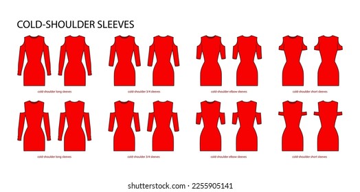 Juego de ropa de mangas de hombro frío larga, 3-4, codo, de corta longitud ilustración de moda técnica con cuerpo empotrado. Plantilla plana de prendas delanteras, laterales traseros. Mujeres, hombres unisex CAD mockup