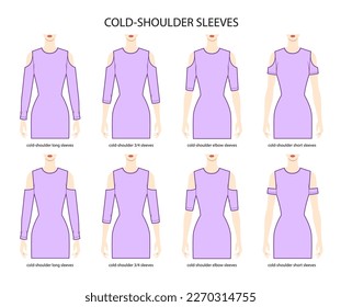 Set of Cold-shoulder sleeves clothes long, 3-4, elbow, short length technical fashion illustration with fitted body. Flat apparel template front side. Women, men unisex CAD mockup