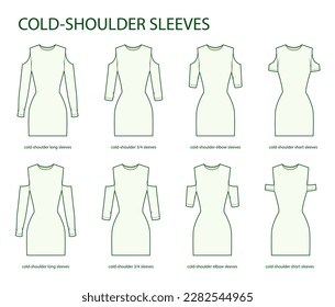 Set of Cold-shoulder sleeves clothes long, 3-4, elbow, short length technical fashion illustration with fitted body. Flat apparel template front side. Women, men unisex CAD mockup