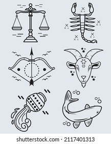 set colection zodiac, tattoo line art 2