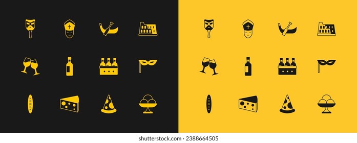 Set Coliseum, Cheese, Bottles of wine, Slice pizza, Gondola boat, Carnival mask and Pope icon. Vector
