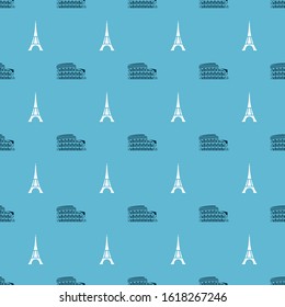 Set Coliseum in Rome, Italy and Eiffel tower on seamless pattern. Vector