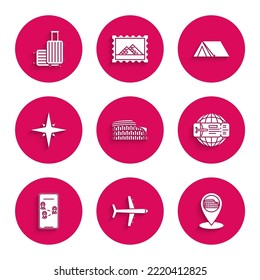 Set Coliseum in Rome, Italy, Plane, Map pointer with, Airline ticket, Infographic of city map navigation, Wind rose, Tourist tent and Suitcase for travel icon. Vector