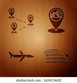 Set Coliseum in Rome, Italy, Route location, Plane and Map pointer with Egypt pyramids on wooden background. Vector