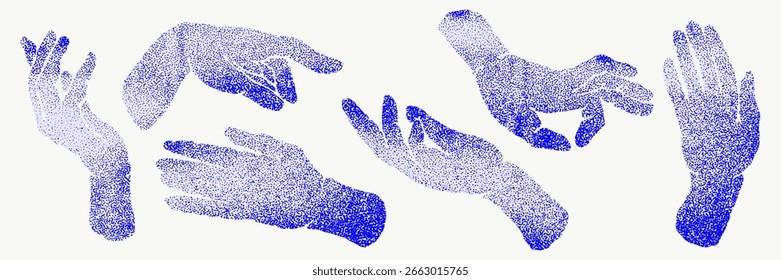 Set of collage blue hands gesture shape. Crumpled grunge gritty texture finger tap and direction sticker. Vector y2k style collection.