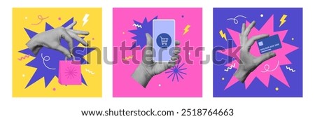 Set of collage cards with hand holding paper bag, smartphone and credit card. Online shopping concept. Vector illustration