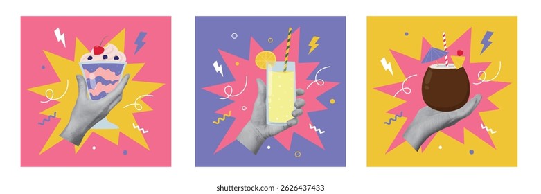 Set of collage designs with hand holding glass with lemonade, milkshake, and coconut cocktail. Summertime, vacations concept. Vector illustration
