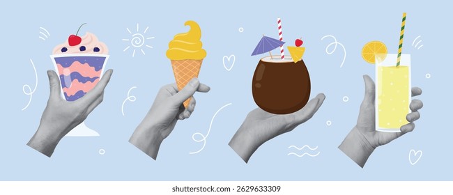 Set of collage designs with hands holding lemonade, milkshake, coconut cocktail and ice cream. Summertime, vacations concept. Isolated vector illustration