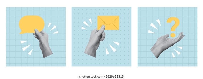 Set of collage designs with hands holding yellow question mark, speech bubble and envelope. Question and answer, problem and solution, communication, business concept. Vector illustration