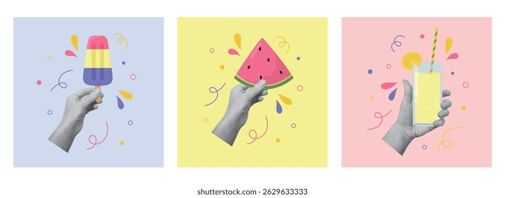 Set of collage designs with hands holding glass with lemonade, watermelon and ice cream. Summertime, vacations concept. Vector illustration