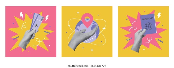 Set of collage designs with hands holding passport, air flight tickets. Traveling, destination concept. Vector illustration