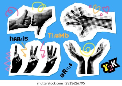 Set of Collage element with hands and cutout letter shapes and doodle element. Expressive gesture collection. Vintage vector illustration with Retro halftone effect.