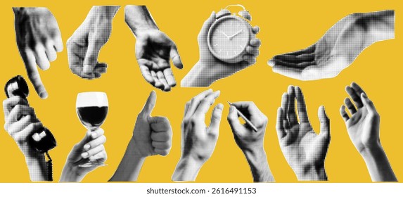 Set of collage elements with hands with alarm clock and retro phone and wine glass. Vector kit at the yellow bg.  