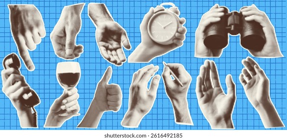 Set of collage elements with hands with alarm clock and retro phone and wine glass and binoculars. Vector kit at the blue checkered bg.  