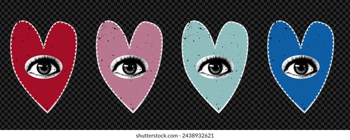 Set of collage elements of hearts. Valentine's day art with eyes. Quirky odd art.  Vector paper and halftone texture. 