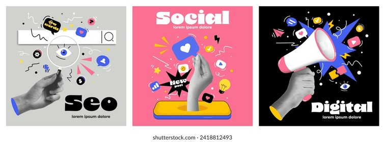 Set of collage elements with Marketing elements and hands. Modern illustration with hands coming out of phones and showing different gestures. Retro banner with cut out paper elements. Vector