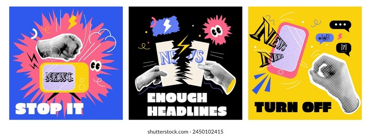 Set of collage elements with mass media elements and halftone effect hands. Modern illustration Bad news concept. Retro banner with cut out paper elements. Vector