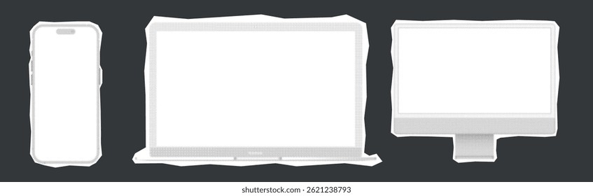 Set of collage elements with phones, laptop, computer. Retro banner concept with cut out paper elements.
