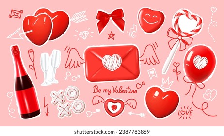 Set of collage elements for Valentine's day. Cut out stickers for decoration Valentine's day posters, banners, social media. Vector illustration with 3d realistic elements and hand drawn doodles.