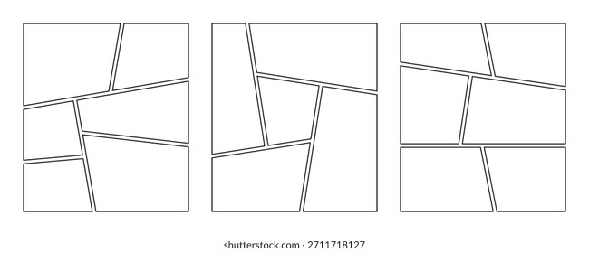 Set of collage grid manga comic storyboard layout panel blank template. Empty page frame for comic book, photo collage, poster,
