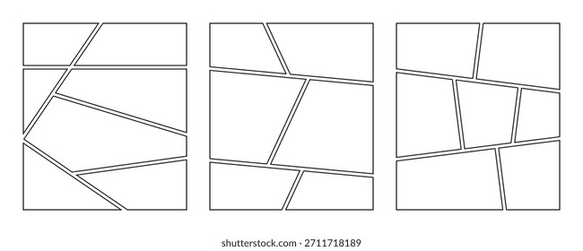 Set of collage grid manga comic storyboard layout panel blank template. Empty page frame for comic book, photo collage, poster,