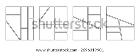 Set of collage grid manga comic storyboard layout panel blank template. Empty page frame for comic book, photo collage, poster, flyer. Vector illustration. Manga storyboard layout template for rapidly
