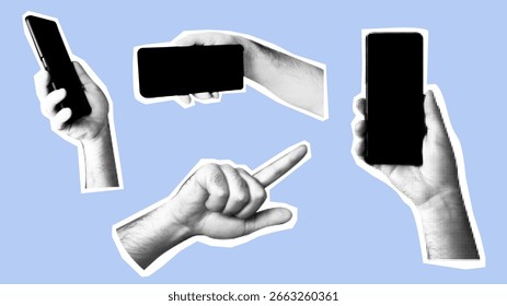 Set of Collage halftone hand holding smart phone. Modern vector rock illustration isolated cut out element for infographic presentations mediapromotion poster website	