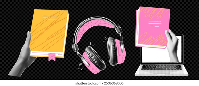 Conjunto de kit de manos de medio tono de collage. El tema de los libros y ebooks y audio. auriculares y ordenador portátil. Grunge dada popart Elementos como png. 