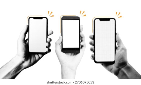 Conjunto de Collage meio tom homem mão segurando smartphone isolado em um fundo branco. Mãos dos homens segurando um smartphone com efeito de meio-tom grunge