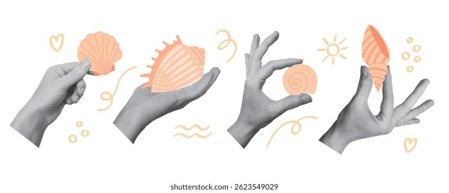 Conjunto de mãos de colagem segurando conchas do mar. Verão, conceito de férias. Ilustração vetorial