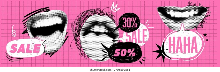 Conjunto de boca de collage con burbujas de discurso. Concepto de venta. Garabato y efecto semitono. Con estrellas irregulares y bolso a cuadros rosa. Ilustración vectorial divertida y atrevida en estilo collage de moda popart.