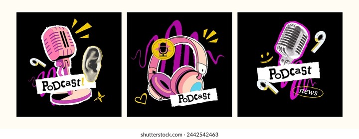 Set of Collage on topic of podcast in trendy grunge style with flat illustration. Microphone, headphones and speech bubbles and drawn elements in dack background. Vector cover for news, talk show