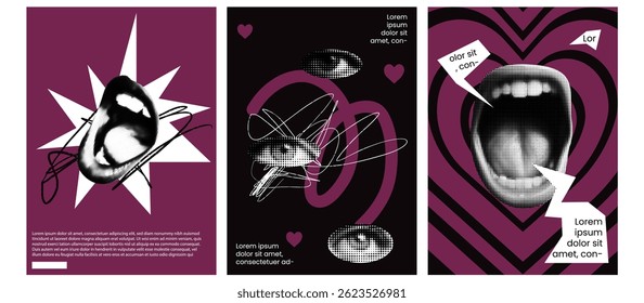 Set of collage posters with halftone eyes and black handdrawn ink scribbles. Trendy textures and bold pink bg. Zine dadaism style. Love romantic theme. 