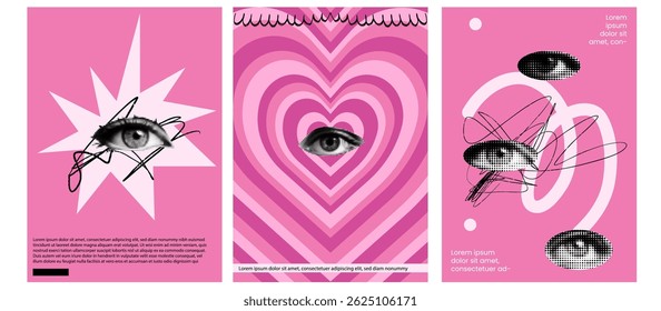 Set of collage posters with halftone eyes and black handdrawn ink scribbles. Trendy textures and bold pink bg. Zine dadaism style. Love romantic theme. 