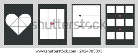 Set of collage posters templates for photos. Vector designs with hearts elements and grid for pictures. Simple trendy geometric design 