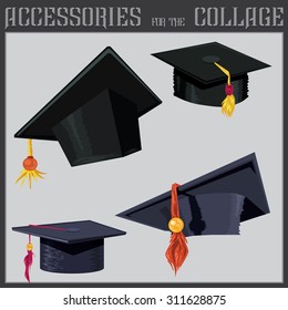 Set for a collage. square academic cap, mortarboard