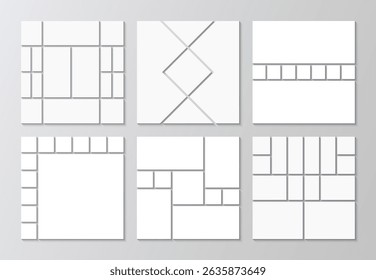 Set of collage template. Mosaic picture frames collection. Moodboard layout. Album brandboard presentation. Mood board background. Scrapbook grid. Gallery banner. Portfolio images. Vector illustration