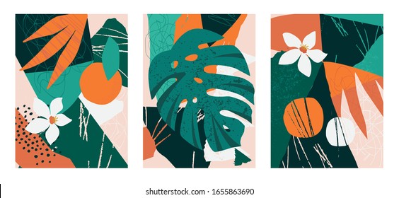 Set of collages contemporary floral. Modern exotic jungle fruits and plants illustration in vector.