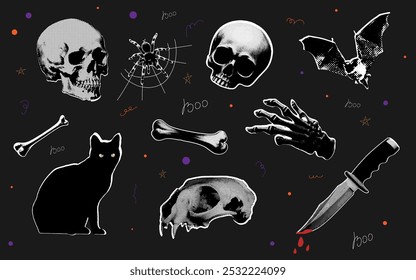 Set of collages from halftone elements for Halloween. Skeleton, skull, bones, cat, knife, hand, spider, bat. Doodle elements hand drawn. Isolated on black background