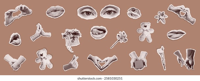Set of collages paper cut out from newspapers with halftone texture retro. Isolated vector illustration of vintage groovy stickers of Female Eyes, lips, hands and male hands with gestures of love