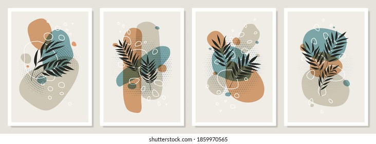 Set collages of tropical leaves and colored geometric shapes, Abstract pastel scandinavian art design, can be used as flyer, poster, cover design, social media post
