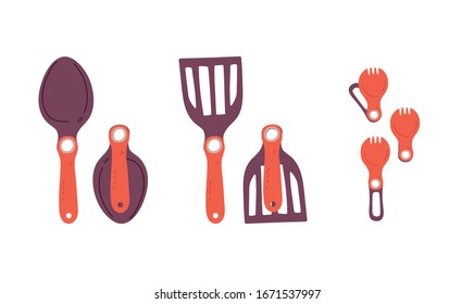 Set of collapsible outdoor cooking tools for hiking, backpacking, picnic and camping. Pivot spoon, fork, spatula