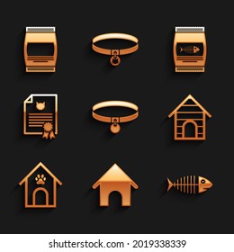 Set Collar, Dog house, Fish skeleton, , and paw print pet and Certificate for dog or cat icon. Vector