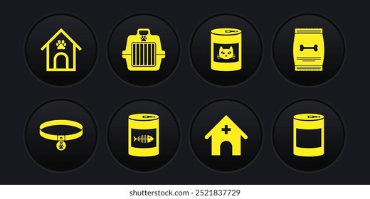 Set Collar with name tag, Bag of food for pet, Canned cat, Veterinary medicine hospital,  and Pet carry case icon. Vector