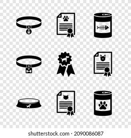Set Collar with name tag, Certificate for dog or cat, Canned food, Pet bowl,  and  icon. Vector