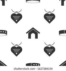 Set Collar with name tag, Dog house and Collar with name tag and heart on seamless pattern. Vector