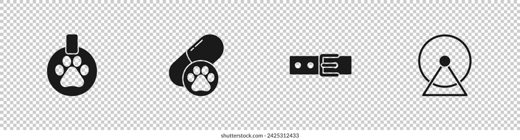 Set Collar with name tag, Dog pill,  and Hamster wheel icon. Vector